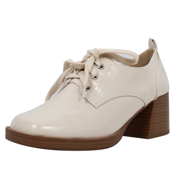 Size 7 Bone Square Top Lace Up Oxford Stacked Block Heel Loafer Shoes - Picture 3 of 6